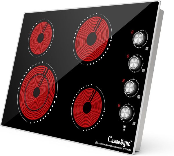 30 Inch Electric Cooktop, 4 Burner Built-in Electric Stove Top with 9 Power Levels, Knob Control, Auto shutdown and Residual Heat Warning, 7200W, 220-240V for Hard Wire