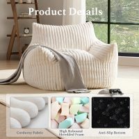 Giant Plush Bean Bag Chair for Adults with Armrests - Oversized Comfy Beige Beanbag Lounge Lazy Floor Sofa Accent Chair for Living Room, Bedroom & Dorm, Cozy Fluffy Single Cloud Mini Couch - Image 3
