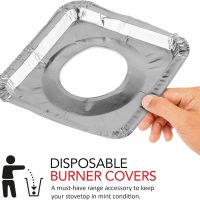 Disposable Gas Burner Liners (50 Pack) Aluminum Foil Square Gas Stove Burner Covers - 8.5 Inch Gas Range Protector, Stove Top Covers for Gas Burners, Foil Liners to Catch Oil, Grease, and Food Spills - Image 2