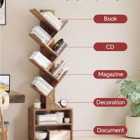 SUNMORY 6 Tier Tree Bookshelf, Small Bookcase with Storage Cabinet, Modern Tall Narrow Bookshelves Organizer, Floor Standing Book Shelf for Bedroom/Living Room/Home Office/Corner, Rustic Brown - Image 7