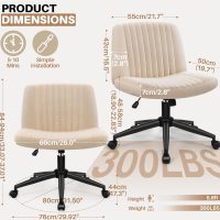 Criss Cross Chair - Wide Armless Vanity Chair with Back Support, Rolling Swivel & Adjustable Height for Home Office, Makeup Room - Image 2