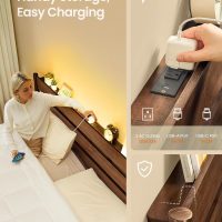 SONGMICS HOME King Bed Frame with Solid Wood Legs Slats, Platform Bed with Headboard, LED Lights, Charging Station, Mid-Century Modern Style, No Box Spring Needed, Coffee Brown URMB414K02 - Image 5
