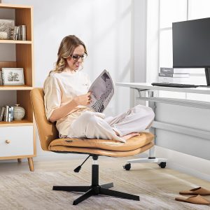 Redlife Leather Swivel Desk Chair Cross Legged Office Chair Wide Accent Chairs Height Adjustable Criss Cross Chairs, Wrapped Double Cushion, for Living Room Bedroom Reading Room (Brown)