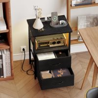Fixwal Night Stand with Charging Station, LED Nightstand with U-S-B Ports and Outlets, 2 Fabric Storage Drawers with PU Finish, Small Bedside Table, Black - Image 7