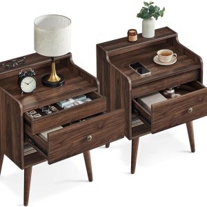 VASAGLE Nightstands, Set of 2, Bedside Tables with Hidden Drawers, Mid-Century End Side Tables with Solid Wood Legs, for Bedroom, Natural Walnut ULET624K01