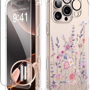 GVIEWIN for iPhone 16 Pro Max Case with Screen Protector & Camera Lens Protector, [Military Grade Protection] Clear Shockproof Slim Floral Phone Cover for Women Girls 6.9" (Floratopia/Colorful)