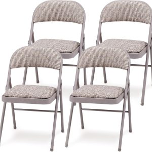 MECO 4-Pack Steel Frame Folding Dining & Event Chairs, Chicory Lace Motif Upholstery, Beige - Foldable Seating with Cushioned Seat and Padded Back for Kitchen, Parties or Game Tables