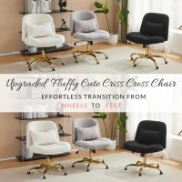 VINGLI Wide Criss Cross Legged Office Chair,Buttprint Ergonomic Desk Chair Comfy with Pillow&Gold Base,Dual-Use with/no Wheels,Adjustable Vanity Swivel Chair for Bedroom,Home Office,Teddy Fleece,White - Image 3