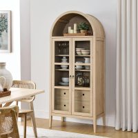 Modway Nolan Modern Farmhouse 71 Inch Tall Arched Storage Display Cabinet in Light Oak Wood Grain - 4-Tier Bookcase with Glass Doors and Shelves - Arch Accent Cabinet for Living Room - Image 5