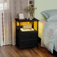 Fixwal Night Stand with Charging Station, LED Nightstand with U-S-B Ports and Outlets, 2 Fabric Storage Drawers with PU Finish, Small Bedside Table, Black - Image 2