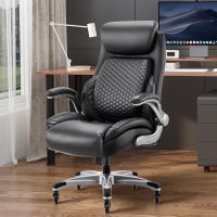 COLAMY Office Ergonomic Desk High Back Executive Chair with Pop-Out Lumbar Support, Upgraded Casters, Adjustable Headrest, Flip-Up Arms, Leather Home with Thick Cushion for Comfort - Black - Image 8