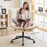Furnimart Wide Swivel Criss Cross Legged Chair with Wheels, FSC Certified Wooden Desk Chair with Mid-Back Support, Comfy Armless Height Adjustable Vanity Chair for Desk, Bedroom (Faux Fur White) - Image 2