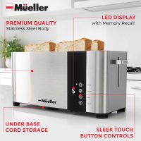 Mueller UltraToast Full Stainless Steel Toaster 4 Slice, Long Extra-Wide Slots for Bagels and Waffles, 6 Browning Levels, LED Display, Cancel/Defrost/Reheat Functions & Removable Tray, Kitchen Gadgets - Image 6