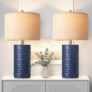 PARTPHONER 23" Modern Ceramic Table Lamp Set of 2, Table Lamps for Living Room, Rustic Farmhouse Bedside Lamps Nightstand lamp for Bedroom, Desk Lamp for End Table Home Decor Navy Blue