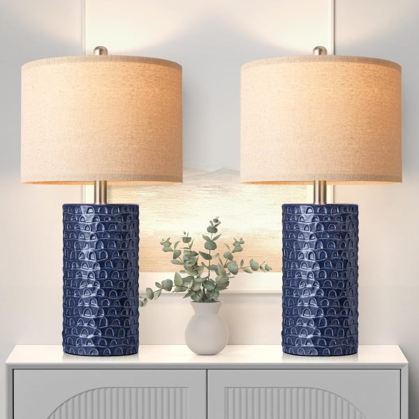 PARTPHONER 23" Modern Ceramic Table Lamp Set of 2, Table Lamps for Living Room, Rustic Farmhouse Bedside Lamps Nightstand lamp for Bedroom, Desk Lamp for End Table Home Decor Navy Blue