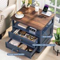 Farmhouse Nightstand Set of 2 with Charging Station, 24" Wide End Table with 2 Drawers,Wood Dresser for Bedroom,Bed Side Table Chest of Drawers Cabinet,Navy BlueNight Stand for Living Room - Image 5