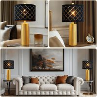 RORIANO Set of 2 Modern Table Lamps for Living Room Bedroom, Gold Nightstand Resin Lamps with Black Grid Shade, Contemporary Desk Lamps for Bedside End Tables, 2 Bulbs Included (Gold) - Image 4