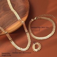 3PCS Flat Snake Chain Jewelry Set, Women's Wheat Motif Necklace, Bracelet, and Ring Set, Trendy Gold Tone Stackable Fashion Accessories, Jewelry Set (Gold) - Image 6