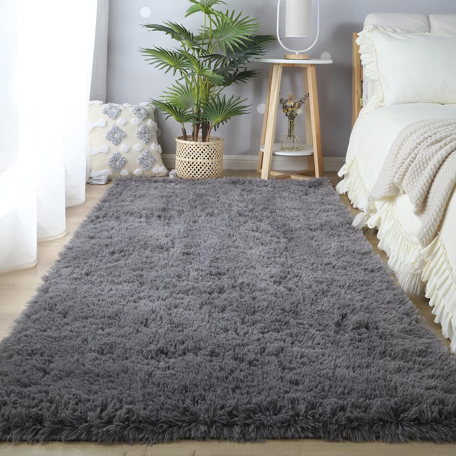 Area Rugs for Bedroom Living Room: 4×6 Grey Fuzzy Shag Shaggy Rug – Soft Plush Furry Bedside Dorm Throw Rug – Indoor Floor Carpet for Kids Girls Boys Home,Dark Gray