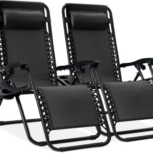 Best Choice Products Set of 2 Adjustable Steel Mesh Zero Gravity Lounge Chair Recliners w/Pillows and Cup Holder Trays - Black