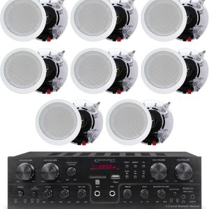 Home Theater System Kit with 1000 Watts 4-Chanel Bluetooth Receiver & 8 Qty 6.5" 200 Watts in-Wall in-Ceiling Speakers of 2-Way Stereo Sound with Woofer/Tweeter, Flush Design by Technical Pro