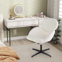 Giantex Criss Cross Chair, Faux Fur Cross Legged Desk Chair No Wheels w/Arms, Height Adjustable Upholstered Vanity Chair, Swivel Accent Chair for Living Room, Home Office, Bedroom, Make Up, White - Image 8