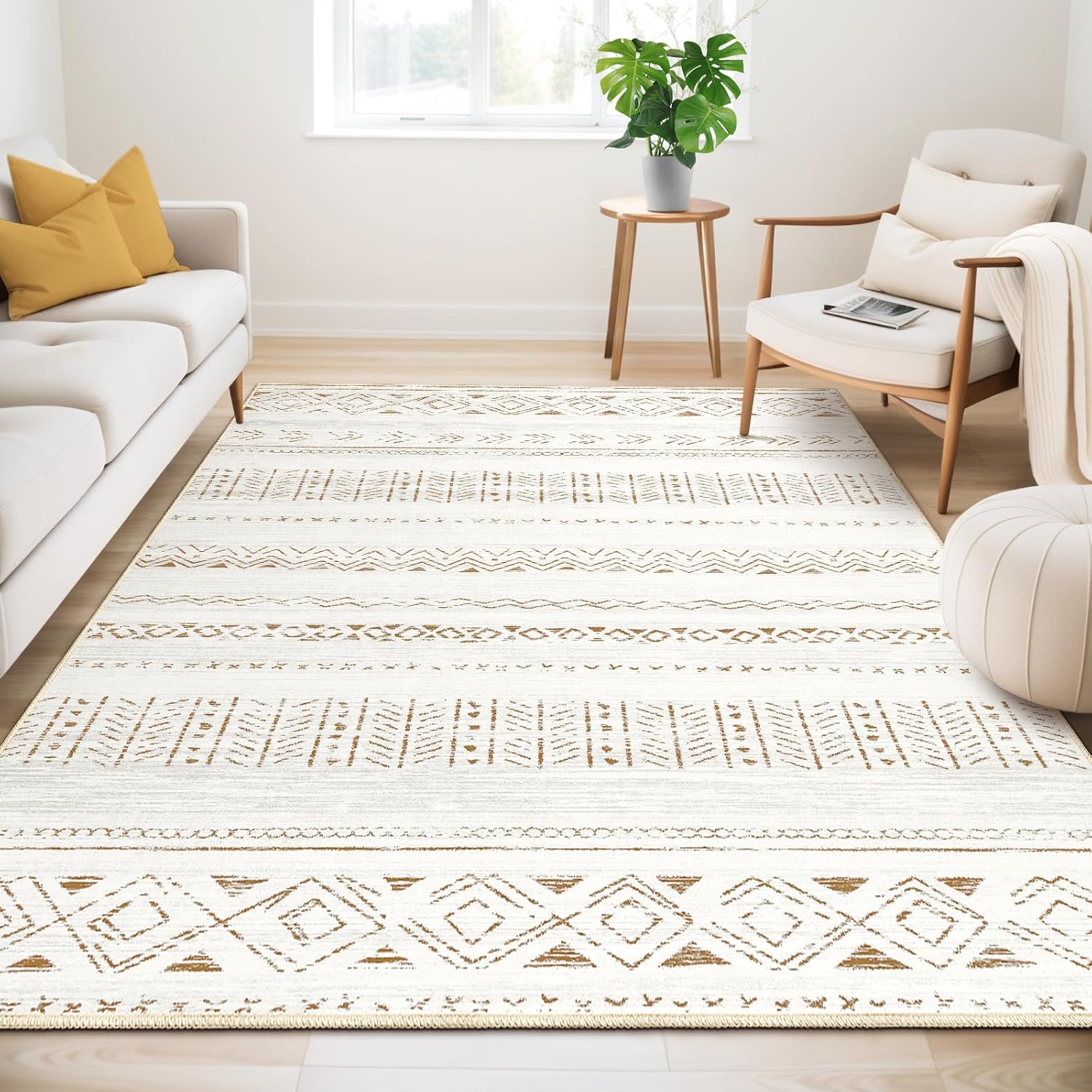 Large Living Room Area Rug 5×7: Soft Machine Washable Boho Moroccan Farmhouse Rugs for Bedroom Under Dining Table – Non-Slip Neutral Morden Indoor Floor Carpet for Home Office – Brown/Cream