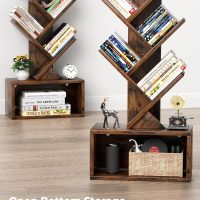 Evermagin 6 Tier Tree Bookshelf with Light, Narrow Bookcase Tower, Tall Floor Standing Book Organizer with Storage Cabinet for Living Room, Bedroom and Home Office, Rustic Brown - Image 5