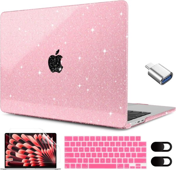 MEEgoodo Glitter Case for M4/M3/M2 MacBook Air 15 inch Case 2025 2024 2023, Fit Model (A3241/A3114/A2941), Laptop Shell with Keyboard Cover&Camera Cover&OTG Adapter& Screen Protector, Glitter Pink