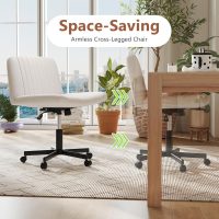Giantex Criss Cross Chair with Wheels, Armless Cross Legged Office Chair, Fabric Adjustable Swivel Ergonomic Desk Seat, Modern Wide Makeup Task Vanity Chair for Home, Beige - Image 5