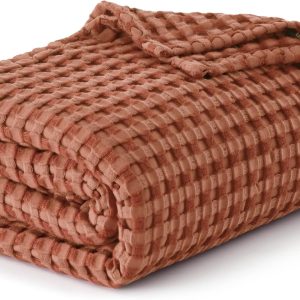 Bedsure Cooling Cotton Waffle King Size Blanket - Lightweight Breathable Blanket of Rayon Derived from Bamboo for Hot Sleepers, Luxury Throws for Bed, Couch and Sofa, Red Orange, 104x90 Inches