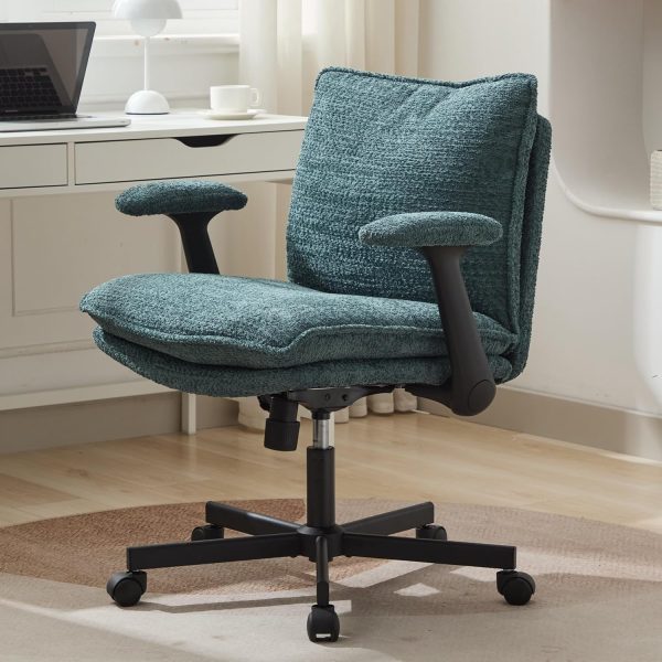 Criss Cross Legged Office Chair with Wheels and Flip-Up Arms, Upholstered Criss Cross Desk Chair, Wide Seat Chairs for Home Office, Vanity, Apartment, Green
