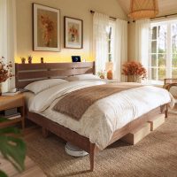 SONGMICS HOME King Bed Frame with Solid Wood Legs Slats, Platform Bed with Headboard, LED Lights, Charging Station, Mid-Century Modern Style, No Box Spring Needed, Coffee Brown URMB414K02 - Image 3