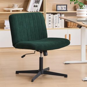 Criss Cross Legged Office Chair no Wheels Upholstered Wide Seat Armless Desk Chair Height Adjustable Swivel Computer Chair for Home Office, Bedroom, Makeup, Dark Green
