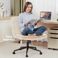 Criss Cross Legged Chair, Faux Fur Upholstered Office Chair with Wheels, Adjustable Armless Desk Chair with Wide Thicken Seat, Computer Chairs for Living Room, Study Room, Home Office, IvoryWhite - Image 4