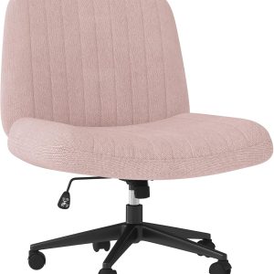 Shintenchi Criss Cross Chair,Cross Legged Office Seat with Wheels Armless Swivel Vanity Chair,Height Adjustable Wide Computer Task Seating for Home Office,Pink ﻿