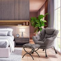 LITA Lazy Chair with Ottoman, Modern Accent Leisure Upholstered Lazy Sofa Armchair, Contemporary Lounge Reading Chair with Armrests and a Side Pocket for Living Room, Bedroom & Small Space, Dark Grey - Image 9