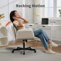 Wide Criss Cross Chair with 5-Gear Adjustable Armrests & Wheels, Leather Vanity Chair, Comfy Swivel Height Adjustable Desk Chair for Home Office, Make Up, Living Room and Bed Room (Beige) - Image 7