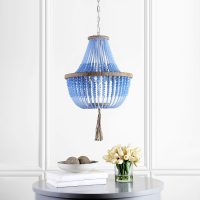 SAFAVIEH Lighting Collection Lush Kristi Boho Farmhouse Blue 17-inch Diameter 3-light Beaded Adjustable Hanging Pendant Light Fixture with Tassel (LED Bulbs Included) - Image 4