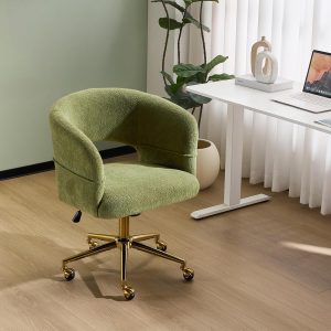 VINGLI Modern Curved Office & Vanity Desk Chair, Cute Upholstered Nail Chair with Wheels & 360° Swivel & Club & Tilting & Gold Base, for Bedroom, Living Room, Makeup, Velvet Chenille, Green