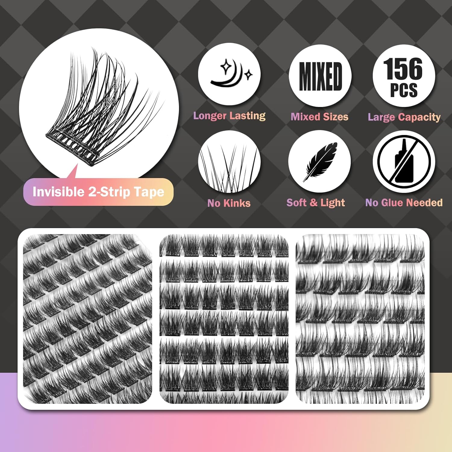 Self Adhesive Eyelashes, 156 Pcs Self Adhesive Eyelash Clusters, No Glue Needed, Invisible 2-Strip Tape - Longer Lasting, No Sticky Residue Pre Glued Eyelashes (Volume-Mixed) - Image 4
