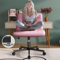 Criss Cross Chair with Wheels, Pink Armless Legged Office Desk Chair Wide Seat, Leather Comfortable Adjustable Swivel Computer Task Vanity Chairs for Home Office - Image 5