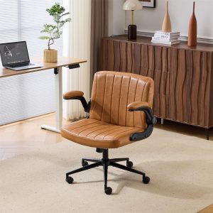 VINGLI Criss Cross Chair with Adjustable Flip-Up Arms,Cross Legged Chair with Wheels, Extra Wide Office Chair,Comfortable Desk Chair for Home Office, Vanity, Bedroom,PU Leather,Clay