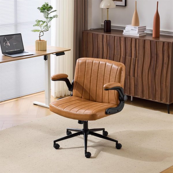 VINGLI Criss Cross Chair with Adjustable Flip-Up Arms,Cross Legged Chair with Wheels, Extra Wide Office Chair,Comfortable Desk Chair for Home Office, Vanity, Bedroom,PU Leather,Clay