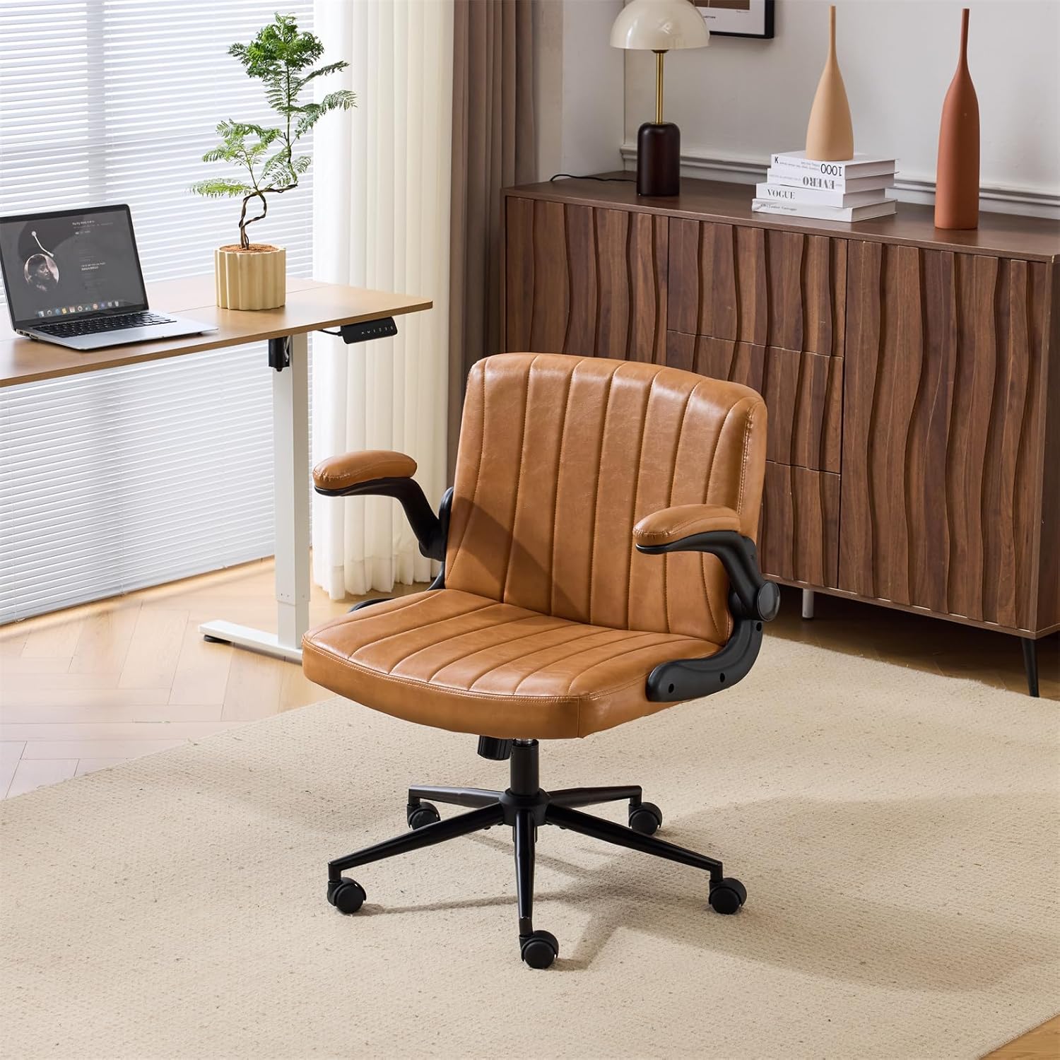 VINGLI Criss Cross Chair with Adjustable Flip-Up Arms,Cross Legged Chair with Wheels, Extra Wide Office Chair,Comfortable Desk Chair for Home Office, Vanity, Bedroom,PU Leather,Clay