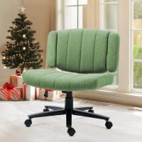 Criss Cross Chair with Wheels – Comfortable Vanity Chair, Wide Rolling Cross Legged Office Chairs with Arms, Adjustable Desk Chairs Comfy for Home Office (Green) - Image 3