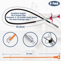 35.5inch Drain Clog Remover(1pcs), 25inch Drain Snake Hair Remover(6pcs) ＆ Cleaning Brush(2pcs), Hair Catcher Drain Auger Cleaner Tool Set For Toilet, Kitchen Sink, Bathroom Tub, Sewer, 9 Pack - Image 2