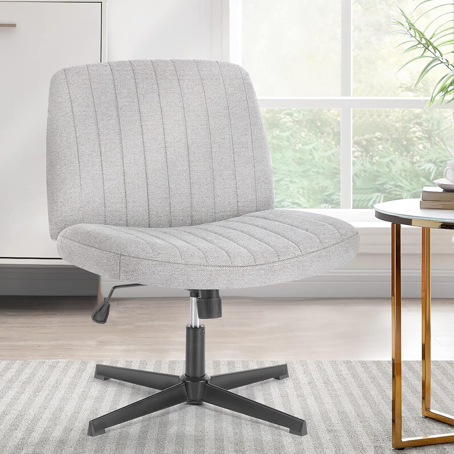 Sweetcrispy Criss Cross Chair Legged, Armless Office Swivel Desk Chair No Wheels, Vanity Height Adjustable Wide Seat Comfy Cute Computer Task Seating for Home Bedroom