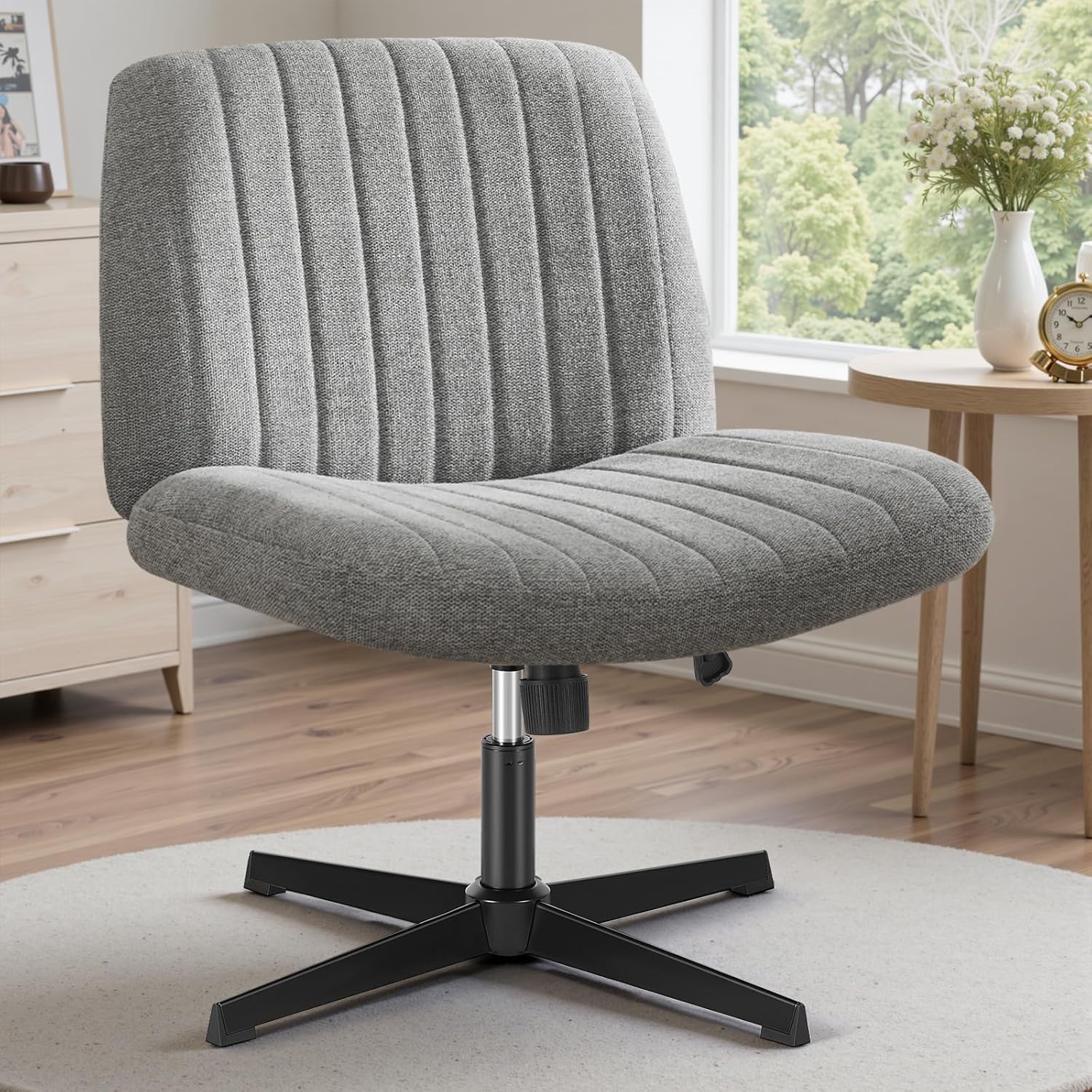 OLIXIS Criss Cross Chair,Comfy Cross Legged Office Desk Chair No Wheels,Modern Fabric Swivel Adjustable Height Mid Back Wide Seat for Home Office Computer Makeup Vanity Task(Gray)