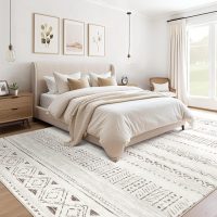 Large Living Room Area Rug 5x7: Soft Machine Washable Boho Moroccan Farmhouse Rugs for Bedroom Under Dining Table - Non-Slip Neutral Morden Indoor Floor Carpet for Home Office - Brown/Cream - Image 2